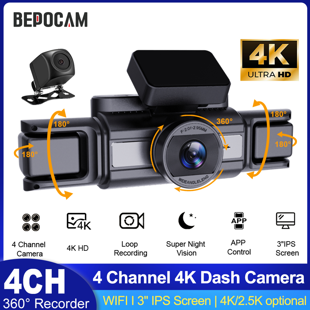 Panoramic Dash Cam 360 - Видеорегистратор BEPOCAM 4CH 4K для автомобилей